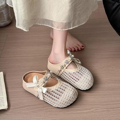 Saco de fundo plano com cabeça de malha respirável moderno versátil feminino chinelo de dedo de verão nicho oco de uma palavra com meia pantufa