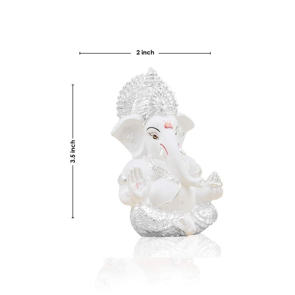 Silver Plated White Ganesha for Car Dashboard Home Decor Gifting Diwali Birthday Festivals 3.5 X 2 Inches