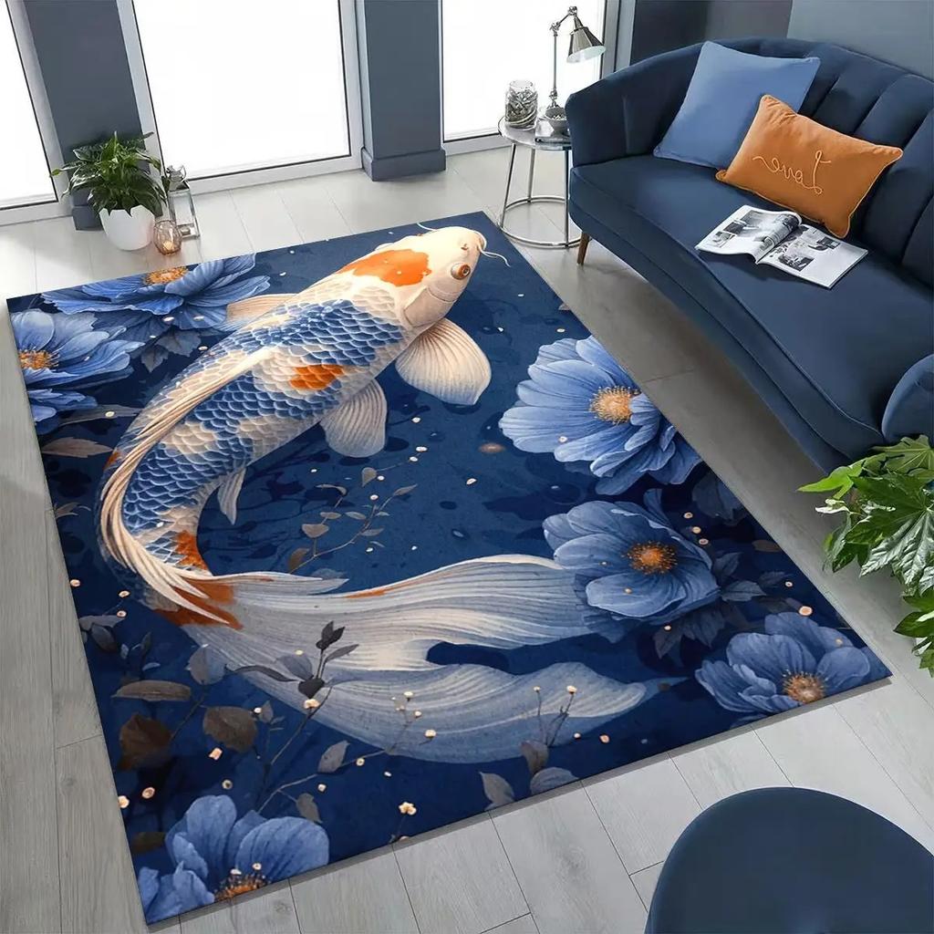 Lucky Koi Yin-Yang Koi Cartoon-Teppich, geeignet für Schlafzimmer, Wohnzimmer, Sofas, Fußmatten und Kinder-Rutschfeste Bodenmatten