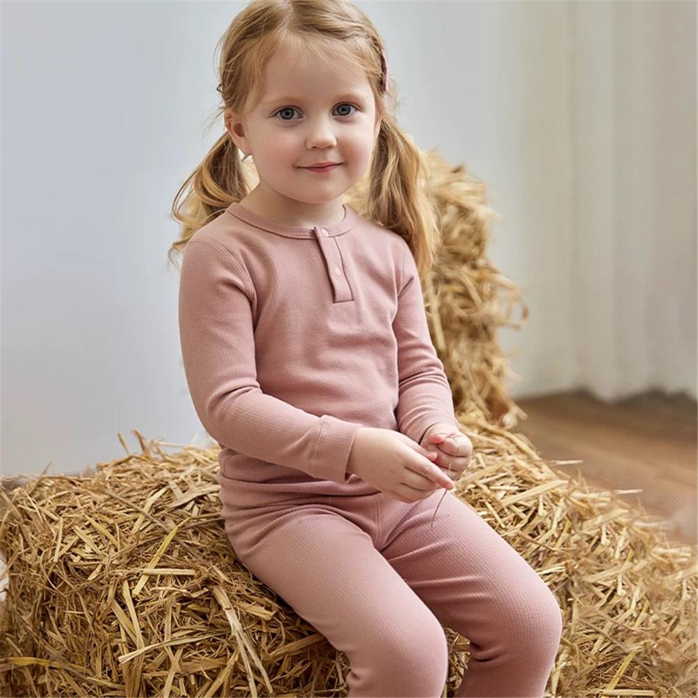 Baumwoll Kinder Pyjama Anzug für Frühling Herbst Einfarbige Langarm Oberteil + Leggings Baby Hauskleidung Kleidung