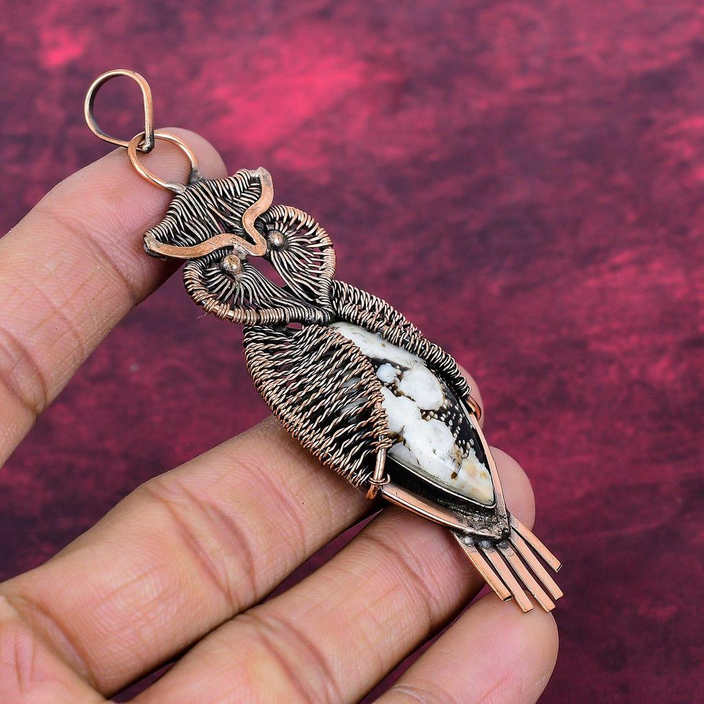 Peanut Wood Jasper Real Gemstone Pendant Owl Pendant Copper Wire Wrapped Jewelry