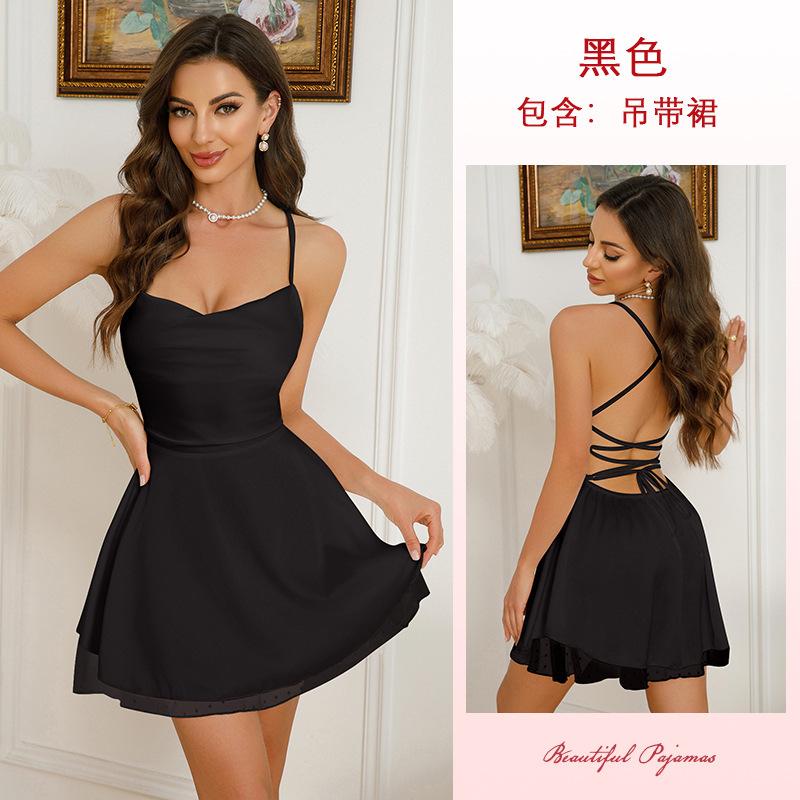 Pijama camisolă de vară din satin, fără spate, cu șireturi, linie A, sexy, pentru femei, îmbrăcăminte de casă 840, ușoară, flatantă, ideală pentru nopți calde