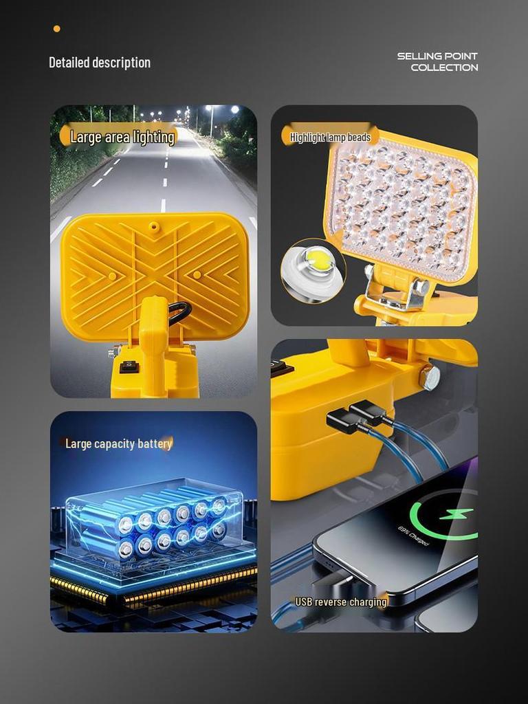 Portable Emergency Lithium Battery Floodlight for Camping, Construction, and Car Repairs