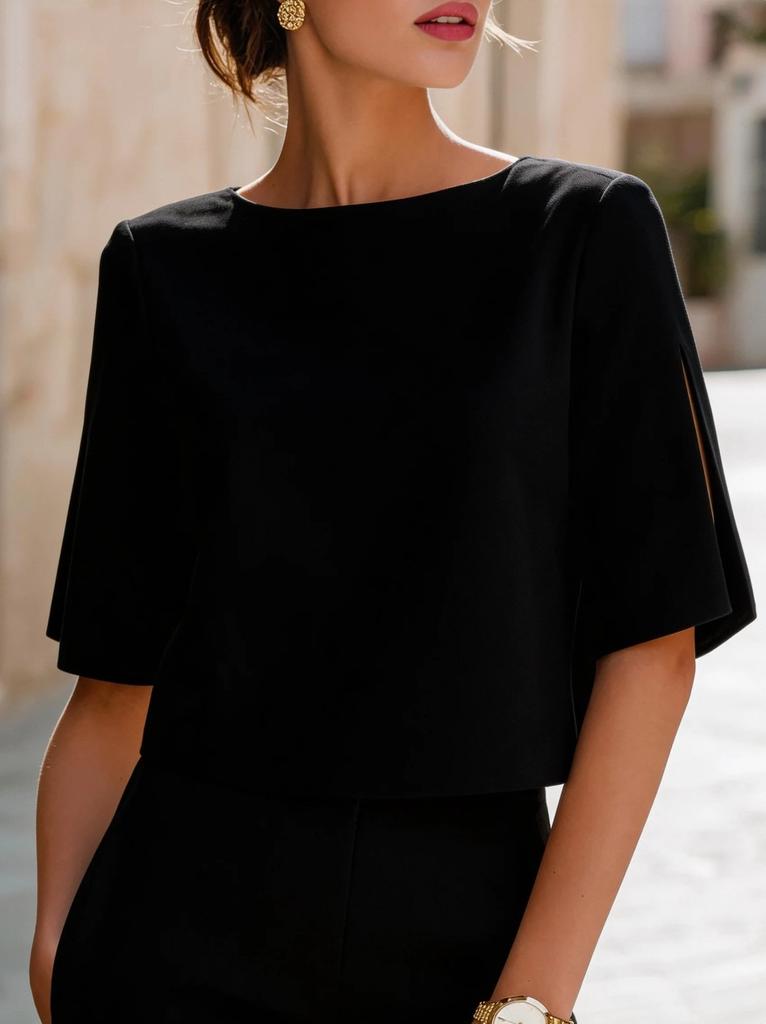 Women's Casual Loose Round-neck Slit Mid-sleeve Short Pullover Top