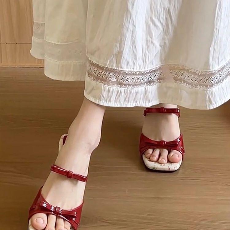 floral bow wedge sandals women's summer wear 2025 new square head cool slippers with skirt high-heeled slippers