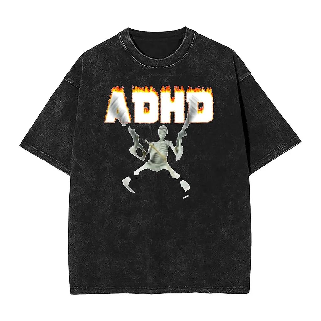 Men's T-Shirt ADHDs Skeleton Meme  Washed T Shirts Fashion Humor Joke Saying Tee Shirt Aesthetic Clothing Birthday Gift