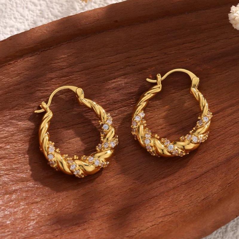 Personalized Twisted Retro Rhinestone Metal Hoop Earrings - Unique French High-End Style