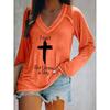 Casual Loose Women's Faith Print Long Sleeve V Neck T-Shirt, Fall Winter Religious Graphic Daily Top