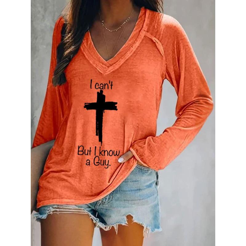 Casual Loose Women's Faith Print Long Sleeve V Neck T-Shirt, Fall Winter Religious Graphic Daily Top