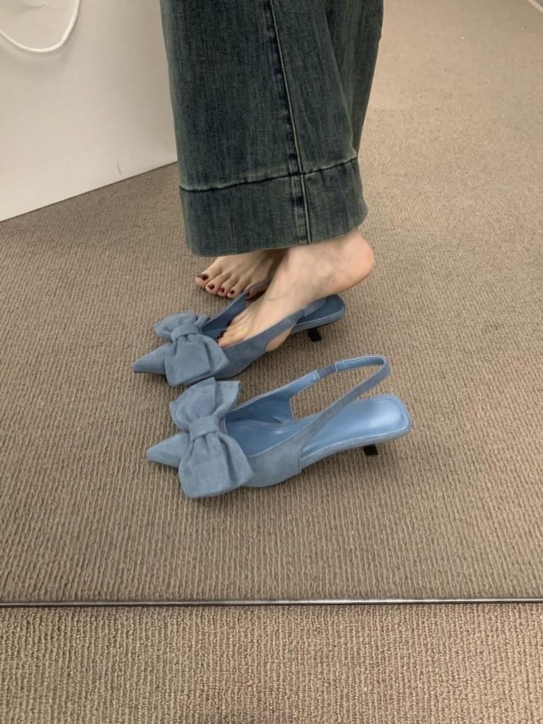 Suede Big Bow Bag Head Sandals Women's Shoes Kitten Heel Empty Pointed Head Beautiful Single Shoes Women