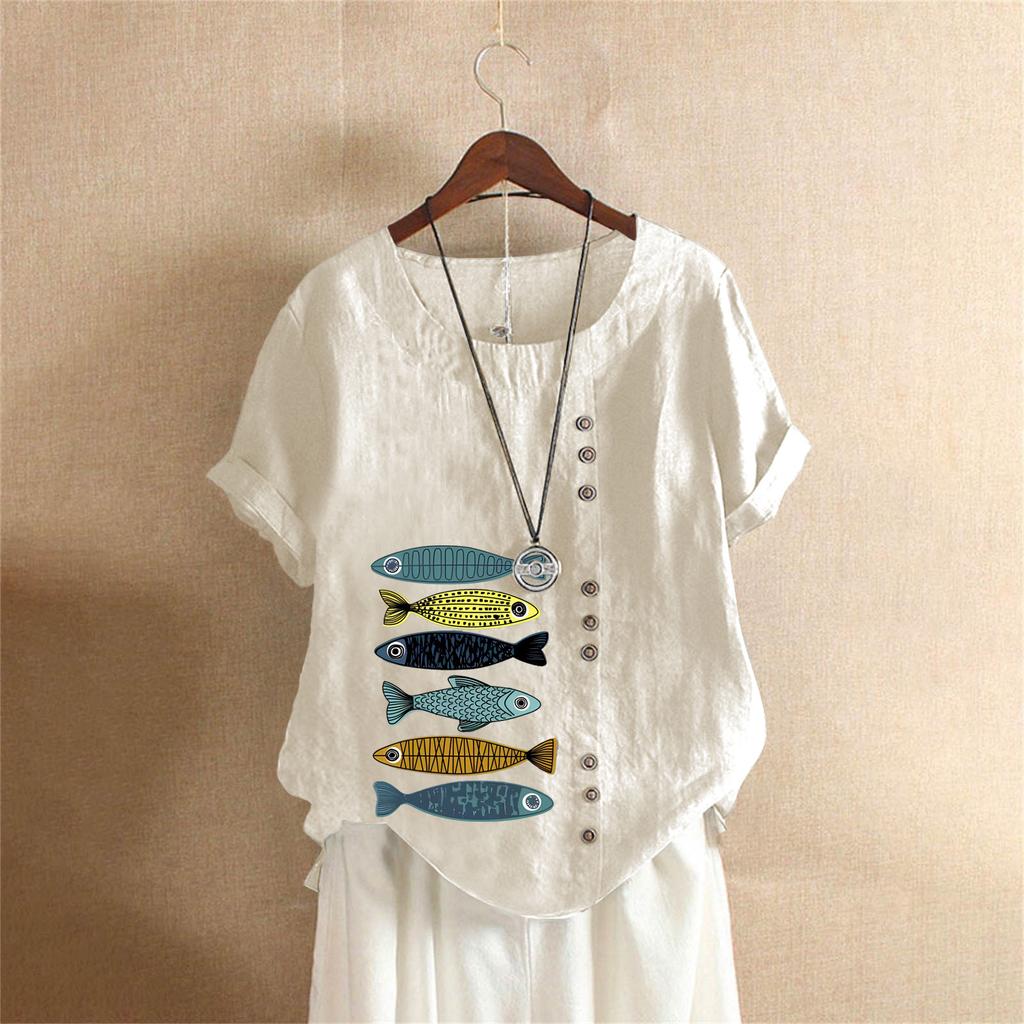 Sommer Übergröße Baumwolle und Leinen Kurzarm T-Shirt, Baumwolle und Leinen Bedruckte Übergröße Damenbekleidung