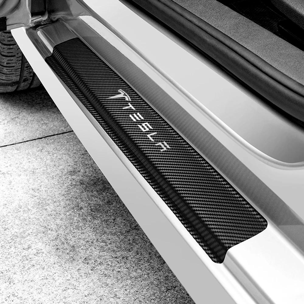 Car Sticker Tesla 4pcs Car Anti Scratch Scuff Carbon Fiber Door Threshold Stickers for Tesla Model 3 Model S X Model Y Roadster