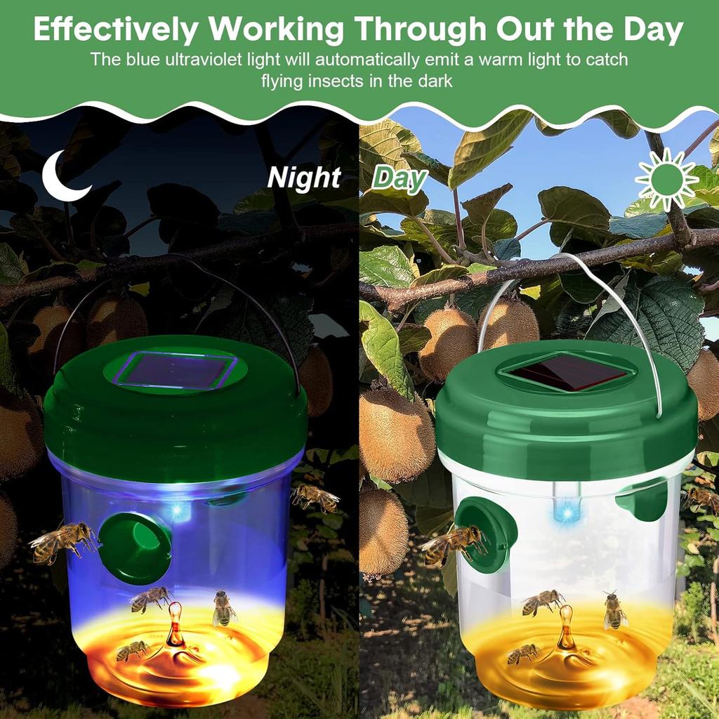 Wasp Trap Solar Powered Bee Trap Reusable Fly Traps Outdoor Hanging Wasp Killer with UV LED Light Flying Insects Bee Killer