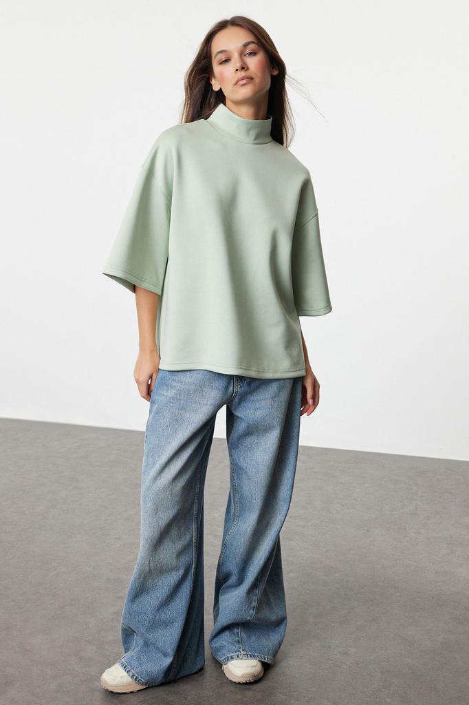 Women's Fashionable Stylish Sweatshirt Black Oversize Wide Fit Stand Collar Three Quarter Sleeve Knitted Sweatshirt