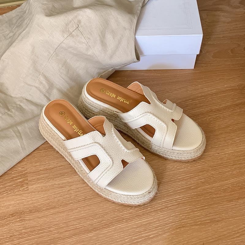 Inner height increase of 6cm~ retro one-word thick-soled wedge heel H cool slippers women's summer leather sandals