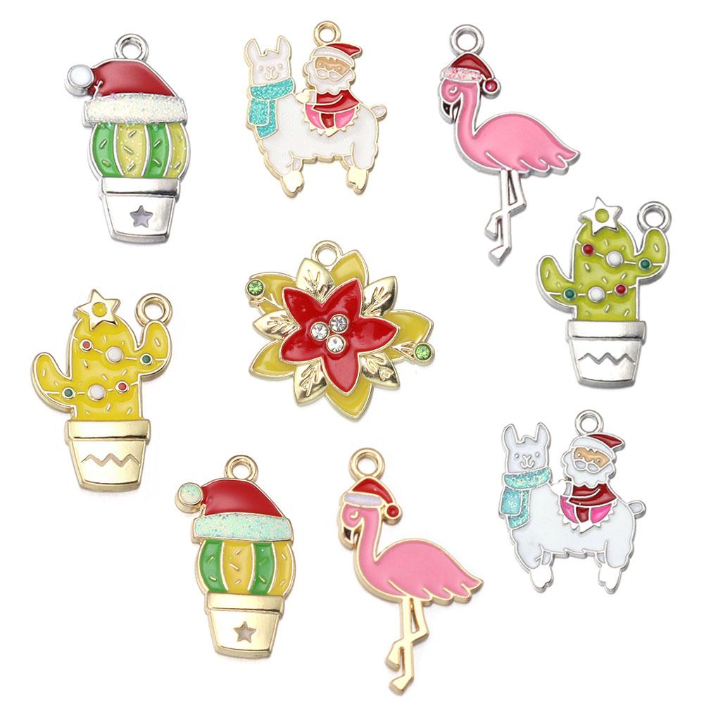 10pcs/lot Alloy Drop Oil Pendants Flower Alpaca Cactus Shaped Charm For DIY Fashion Christmas Necklace Earrings Jewelry Gifts
