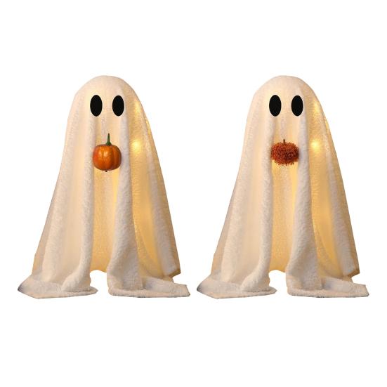 Halloween Lighted White Ghost Spooky LED Light-Up Velvet Cloth Ghost with Pumpkin for Holiday Home Kitchen Fireplace Tabletop Decor