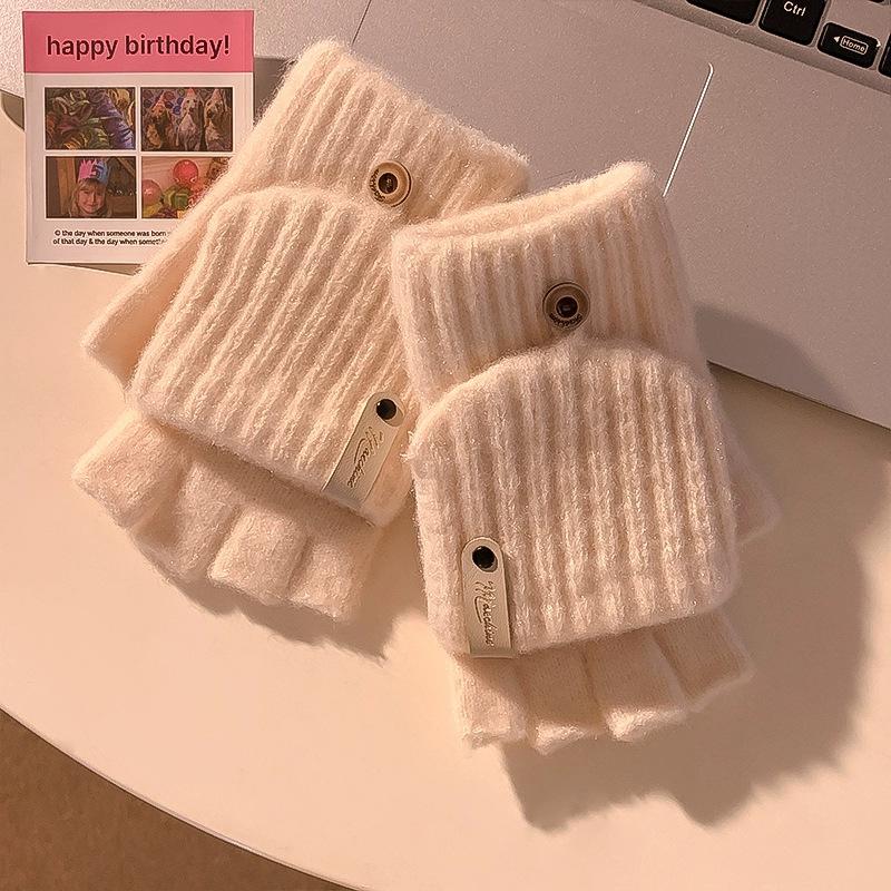 Plush Flip Gloves Female Dew Half Finger Student Writing Warm Thickened Autumn and Winter Knitted Cold Riding Can Touch Screen