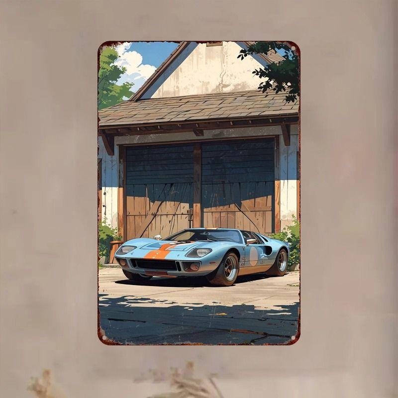 Racing Car Retro Style Metal Decorative Painting for Garage Room Decor