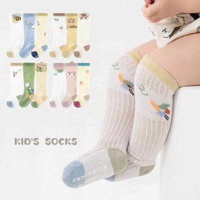 3Pairs/Lot Newborn Girls Long Mesh Socks Cool Thin Children Cotton Over Knee High Socks Summer Cartoon Print Non-slip Socks Pack