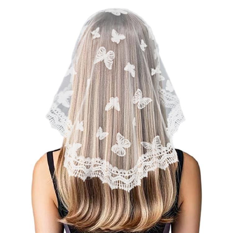

Butterfly Lace Veil Mantilla Rose Head Covering Floral Shawl for Mother білий