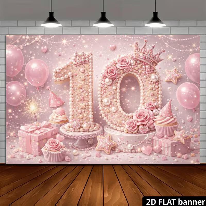 2D Prinzessinnenkrone Rosa Glitzer 10. Happy Birthday Hintergrund Banner Fotokabine