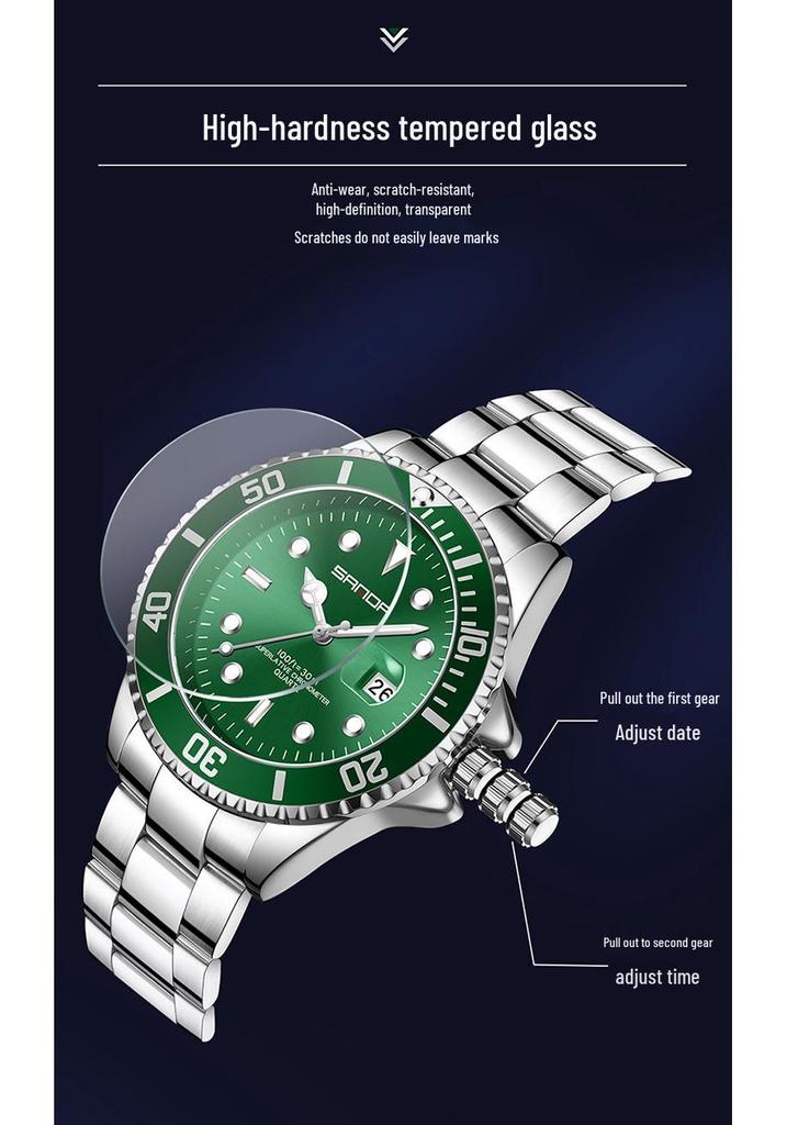 Sanda Steel Band Men's Quartz Watch with Simple Calendar, Waterproof, Green Dial