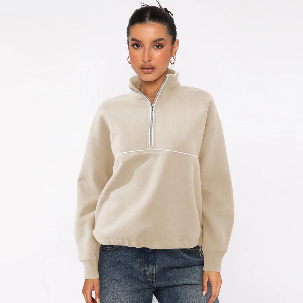 Damen S Halber Reißverschluss Langarm Sweatshirt Kontrastfarbe Lässiges Oberteil