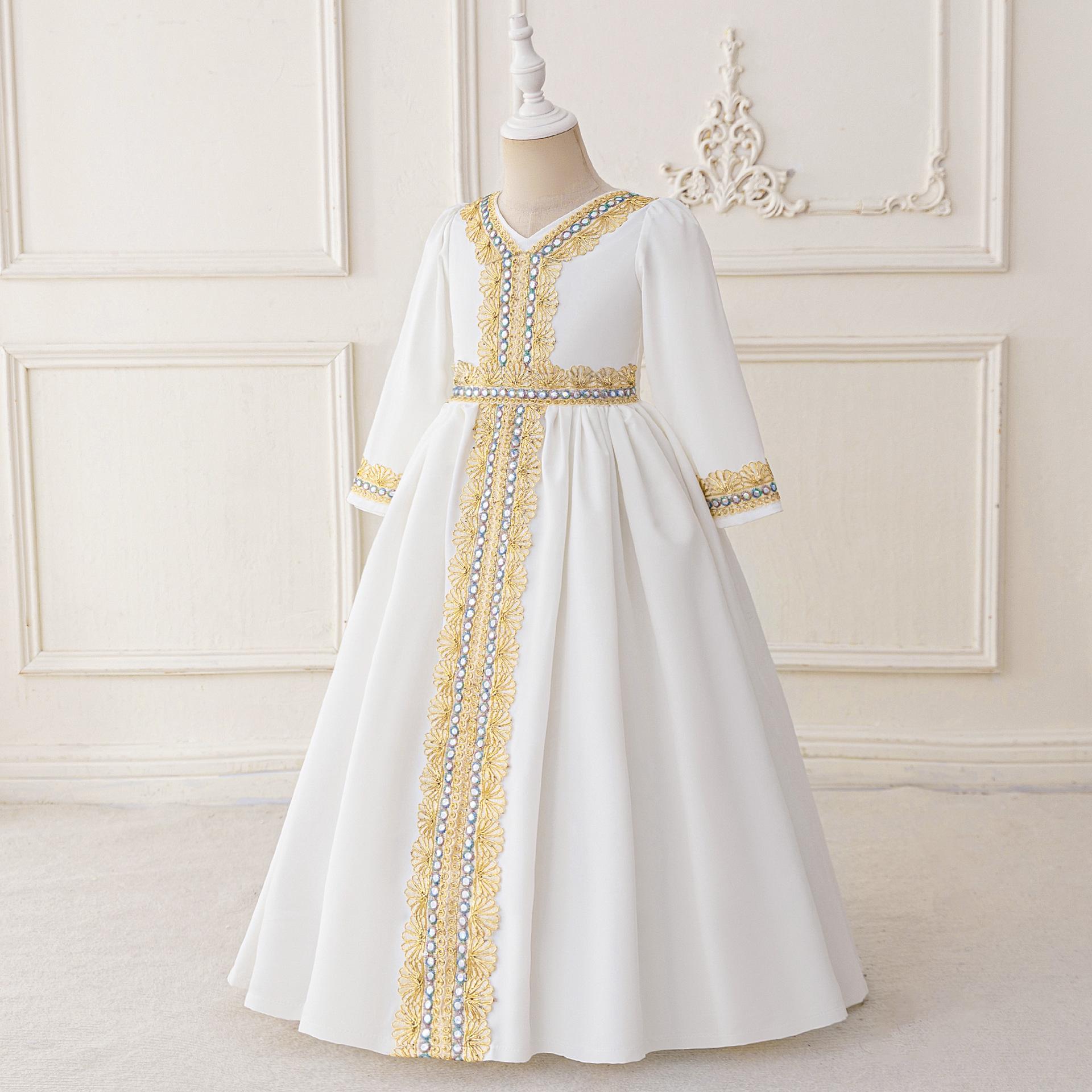 

Новое платье принцессы с длинным рукавом из золотой фольги для девочек - вечернее платье с эластичностью в четырех направлениях для маленьких девочек 120cm/5Y белый