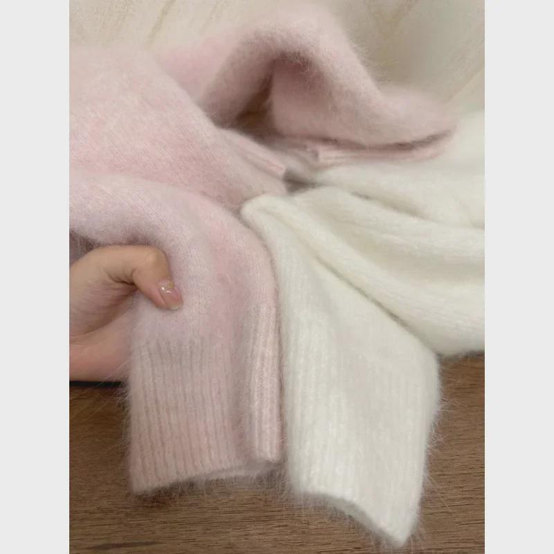 Women's Pink Mohair Sweater - Thickened, Soft, Slim Fit for Autumn/Winter 2024