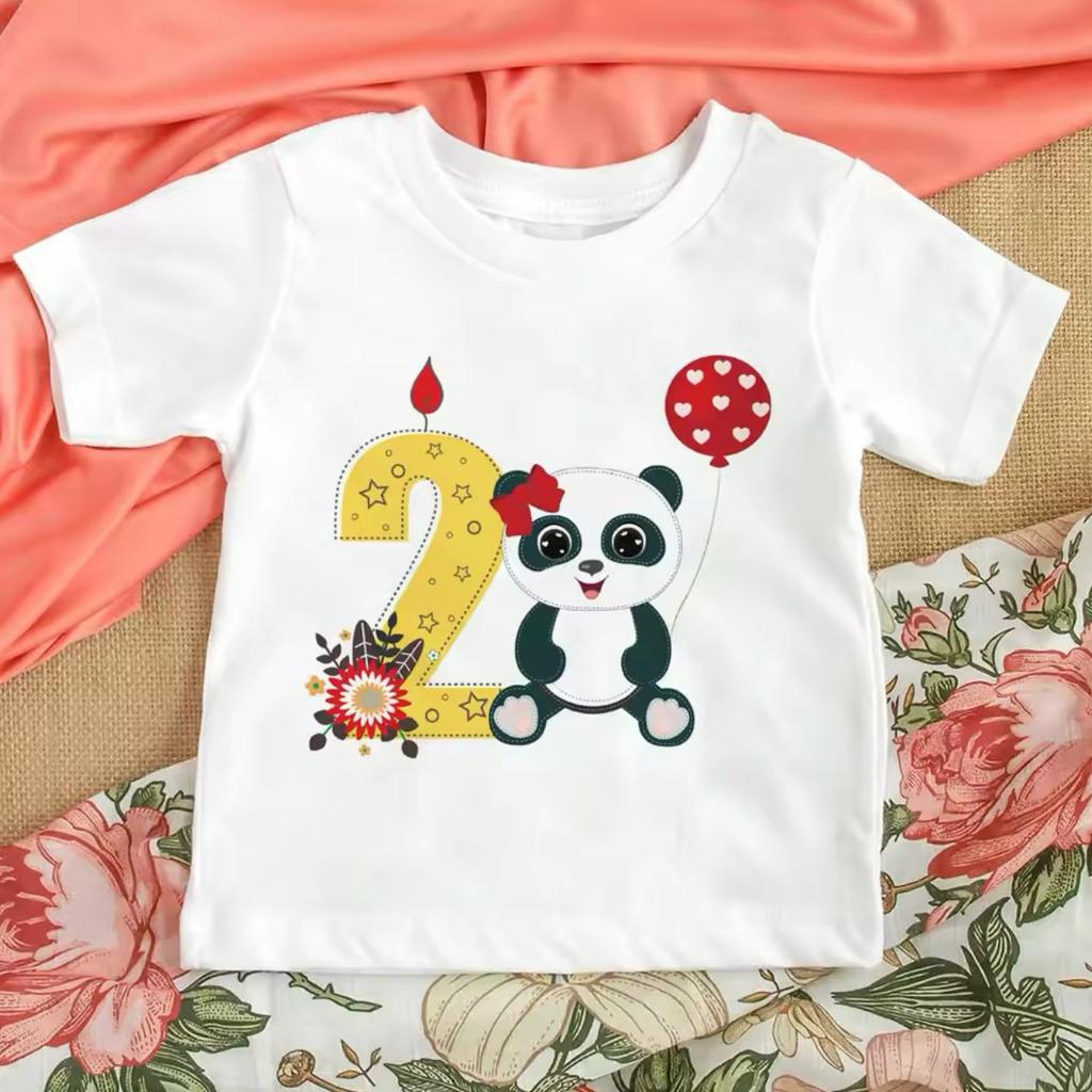 Hotselling Birthday Panda Digital Print Childrens Tshirts Roundneck Shortsleeved Tshirts for Boys and Girls Summer Modal