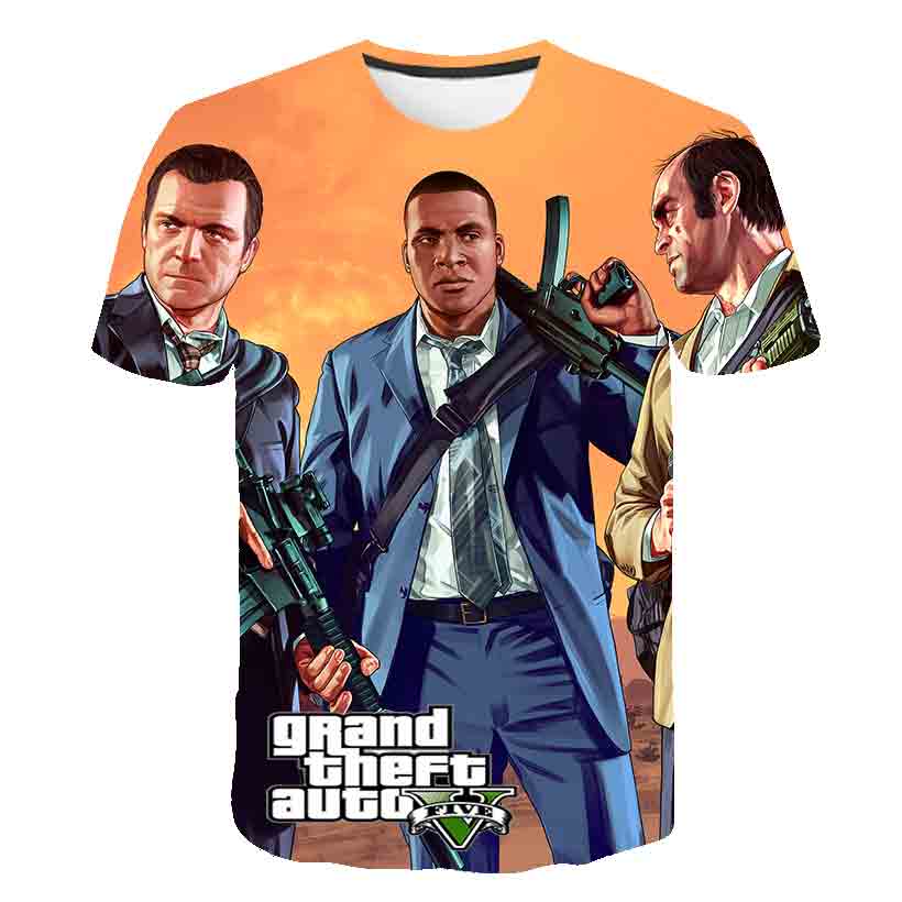 

Футболка с героями мультфильмов Grand Theft Auto для маленьких мальчиков и девочек, детская одежда большого размера с короткими рукавами, летняя детская одежда с 3D принтом 150