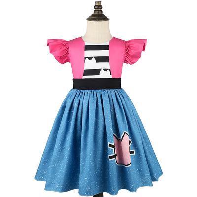 Detské dievčenské krátke šaty s potlačou anime kreslených postavičiek a volánmi Halloweenske cosplay kostýmy