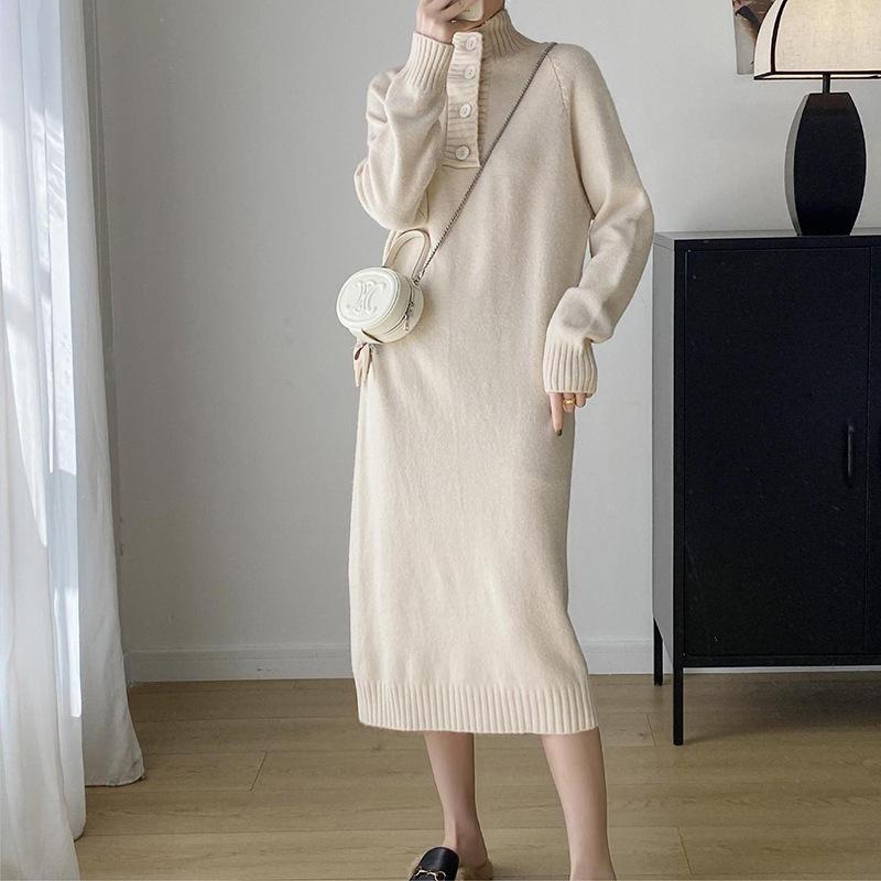 Premium Feeling with Coat Base Knitted Dress Autumn and Winter New High-neck Straight Medium and Long Sweater Skirt Women