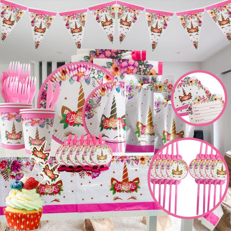 Unicorn Kids Wreath Birthday Party Supplies Tableware Plates Cup Fork Tablecloth