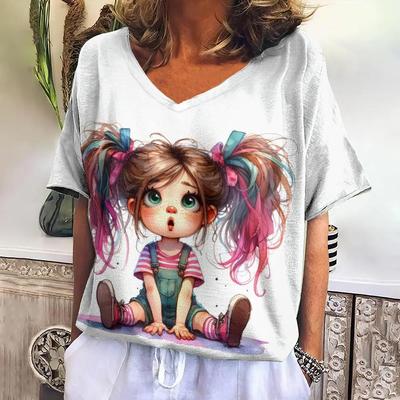 Cute Girl Print Women's T-Shirts Top Casual Short Pullover Sleeved V-Neck 3D Printed Tee Shirt