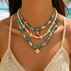 3Pcs Set Layered Turquoise Shell Starfish Necklace for Women Boho Beaded Necklaces Summer Beach Vacation Party Jewelry