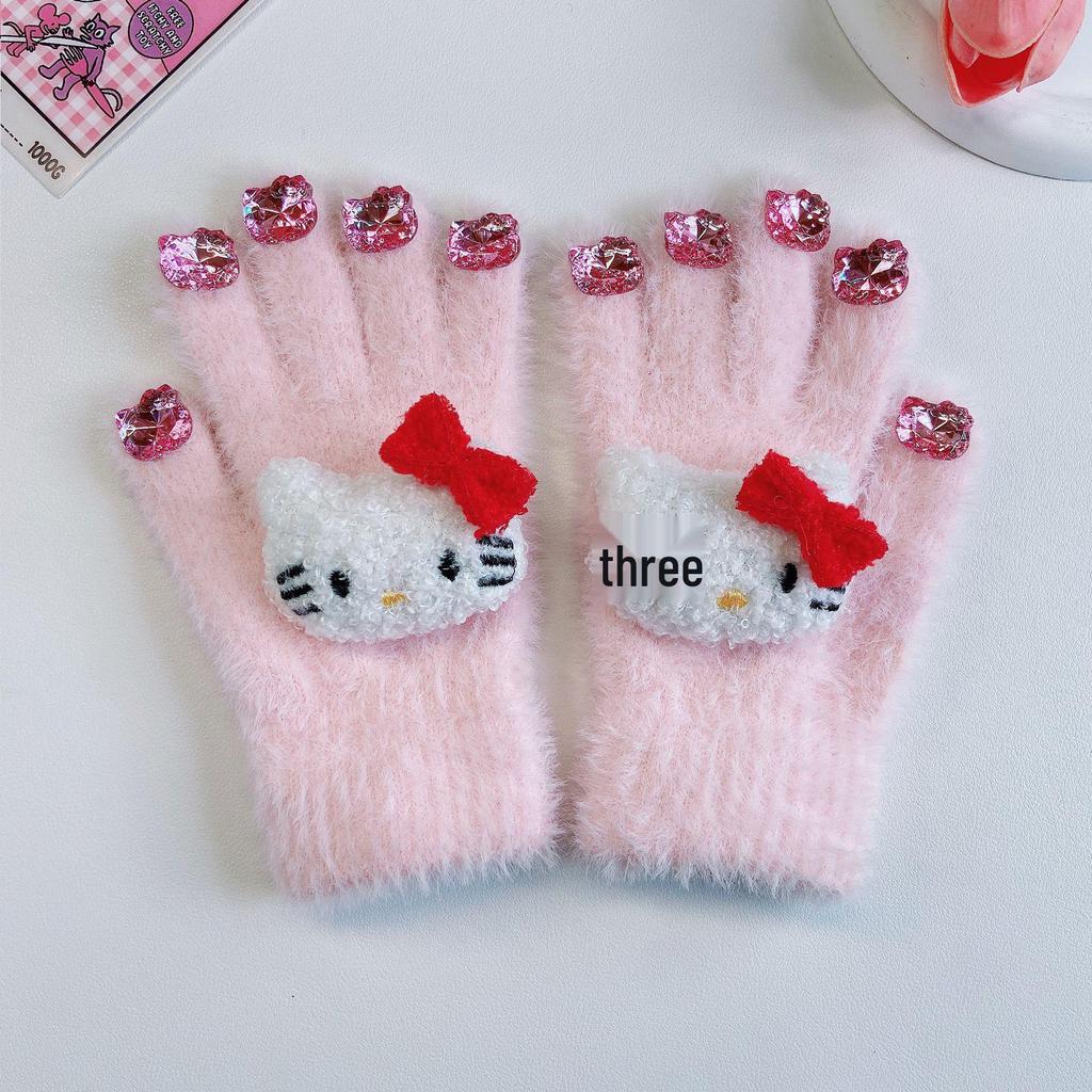 Hello Kitty Winter Gloves for Girls - Warm, Diamond-Patterned, Imitation Rabbit Fur, Perfect for Cold Protection and Cycling.