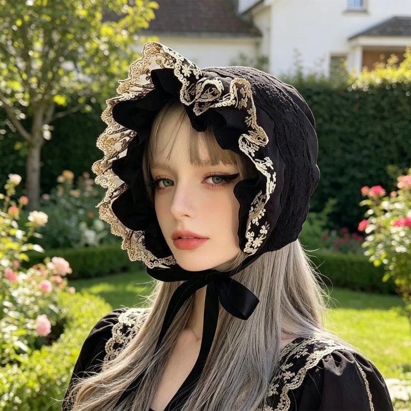 Ruffled Brim Bonnet Hat with Lace Edge and Chin Ties, 55-60 Cm Decorative Headwear for Gatherings and Portraits