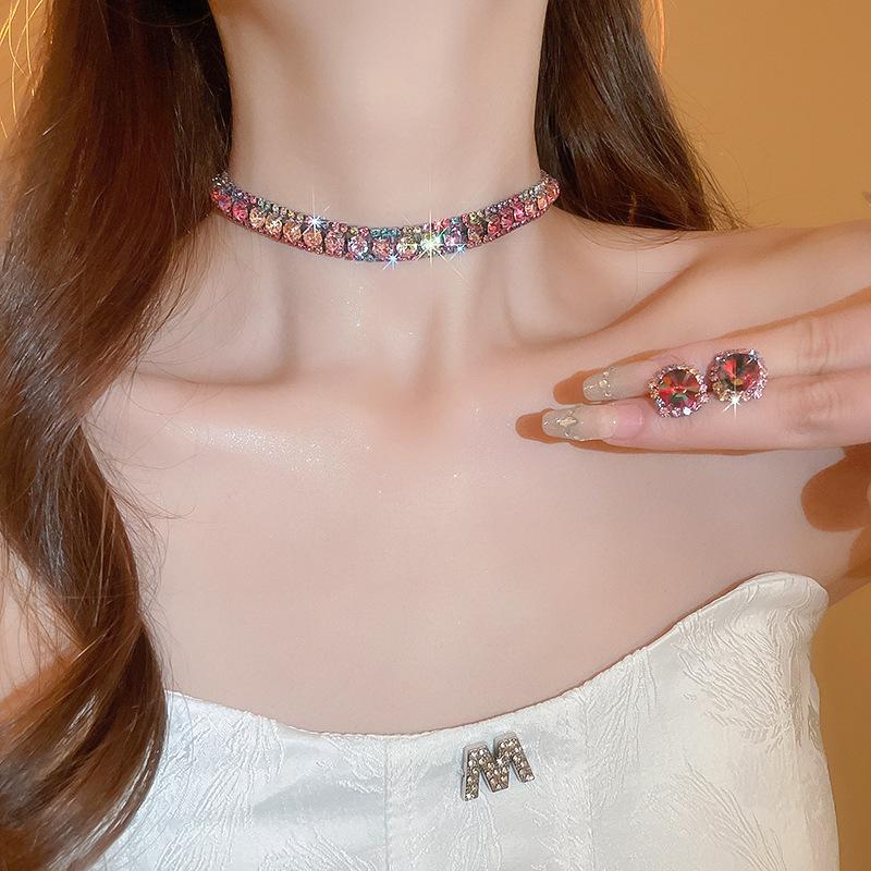 Colorful diamond studded earring necklace two-piece set, light luxury, fashionable, collarbone chain, high-end, Necklaces Earrings Set