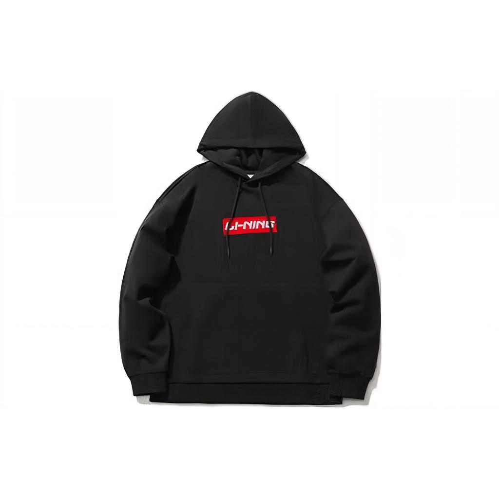 Li Ning Logo Print Loose Pullover Fleece Long Sleeve Sweatshirt Unisex Sweatshirt Black AWDS482-1
