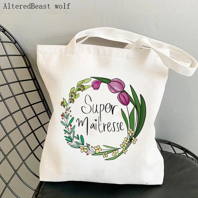 French Thank You Mistress Women Canvas Kawaii Shopping Shoulder Bag Merci Atsem Harajuku Bag Gift for Teacher Shoulder Bags