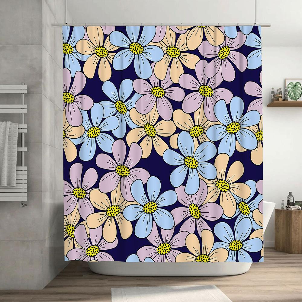 Vibrant Floral Shower Curtain Set for Bathroom Decor Modern Blue Purple Yellow Design 180x240cm with Hooks Included.