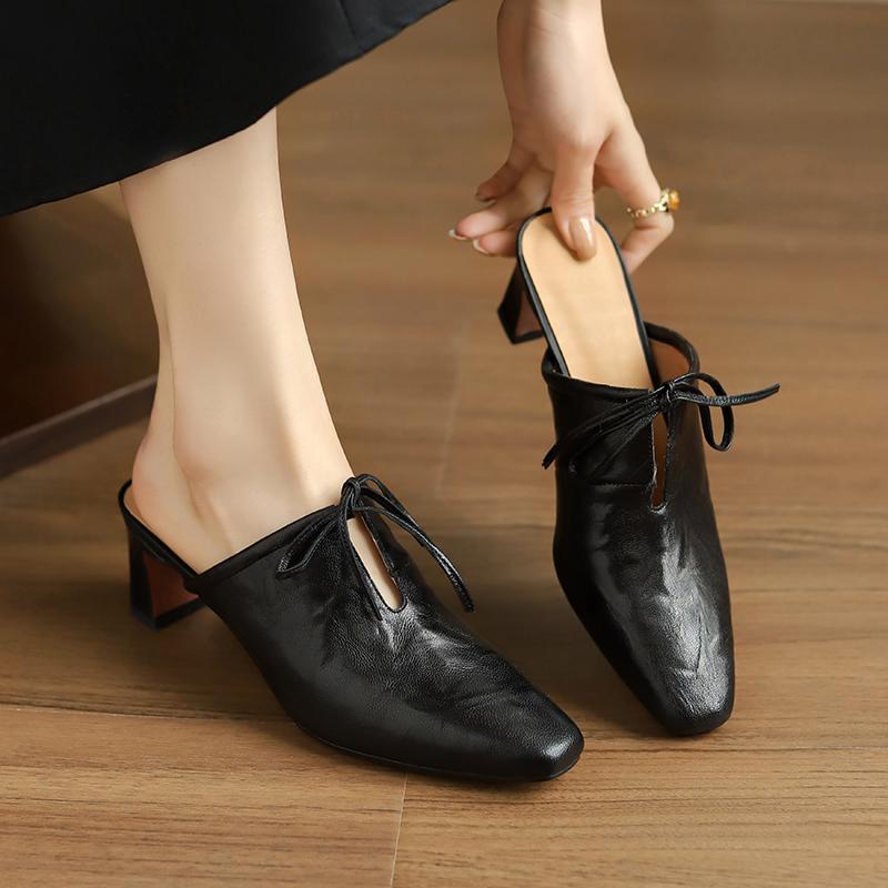 Fashion 2025 Summer/Spring Women Mules Sheepskin Leather Shoes for Women Square Toe High Heel Slippers Cover Toe Slingback Sandals Shoe