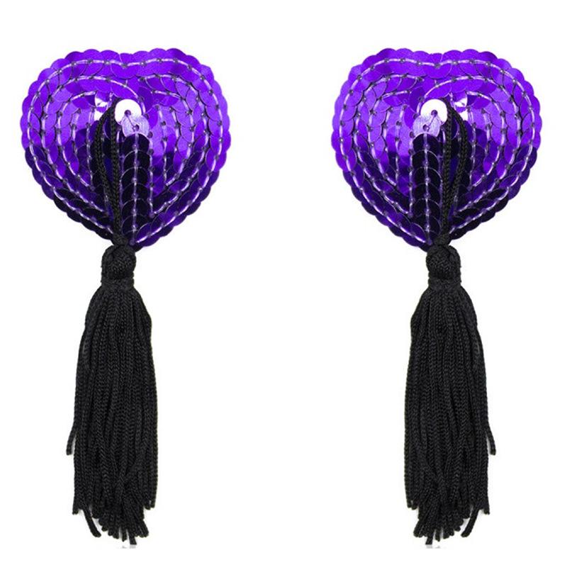 Heart-Shaped Sequined Nipple Covers with Tassels - Silicone Pasties Lingerie Accessories