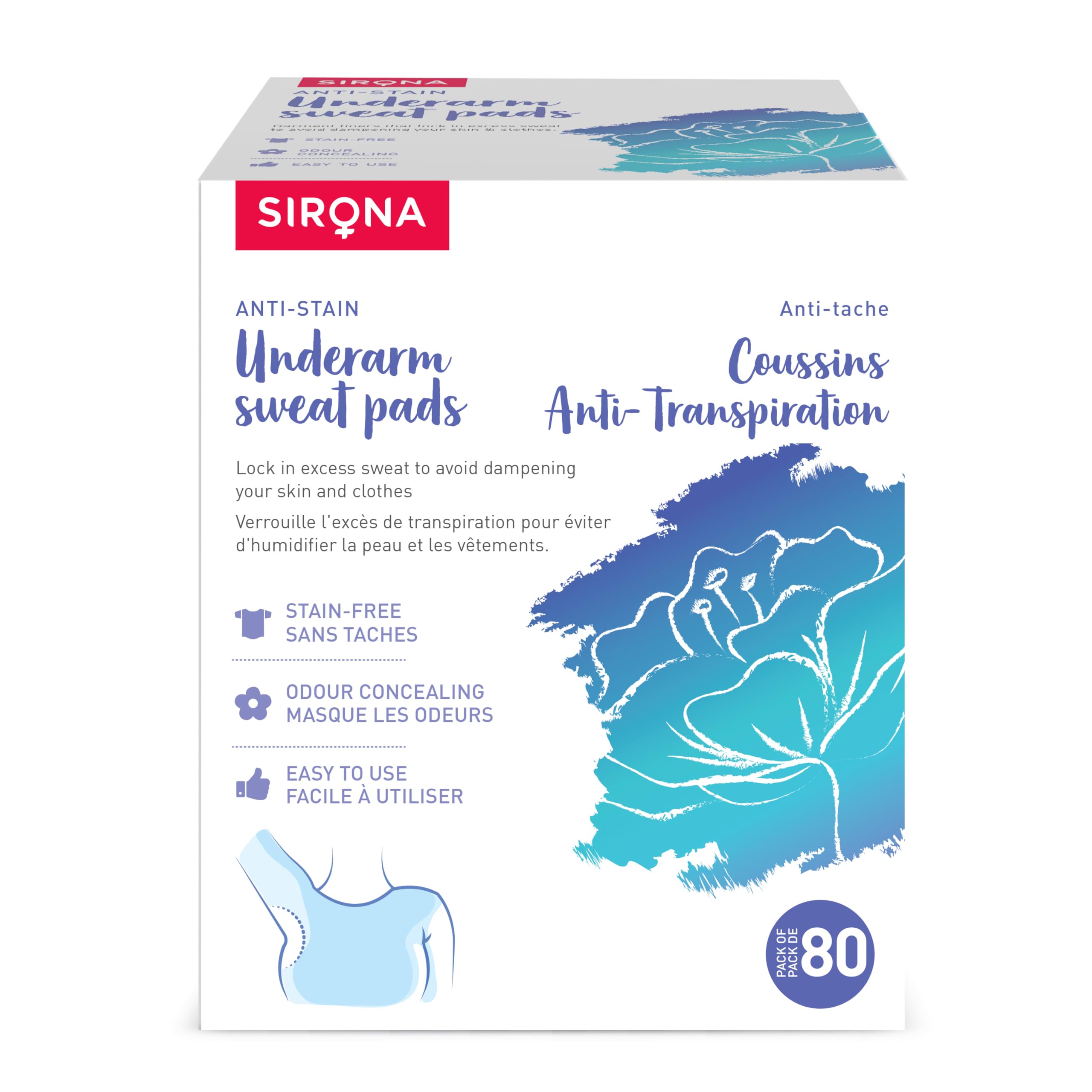 

Sirona Disposable Underarm Sweat Pads for Men and Women - 80 Pads (Pack of 1) | Peel-off | Prevents Stains, Absorbs Sweat & Unpleasant