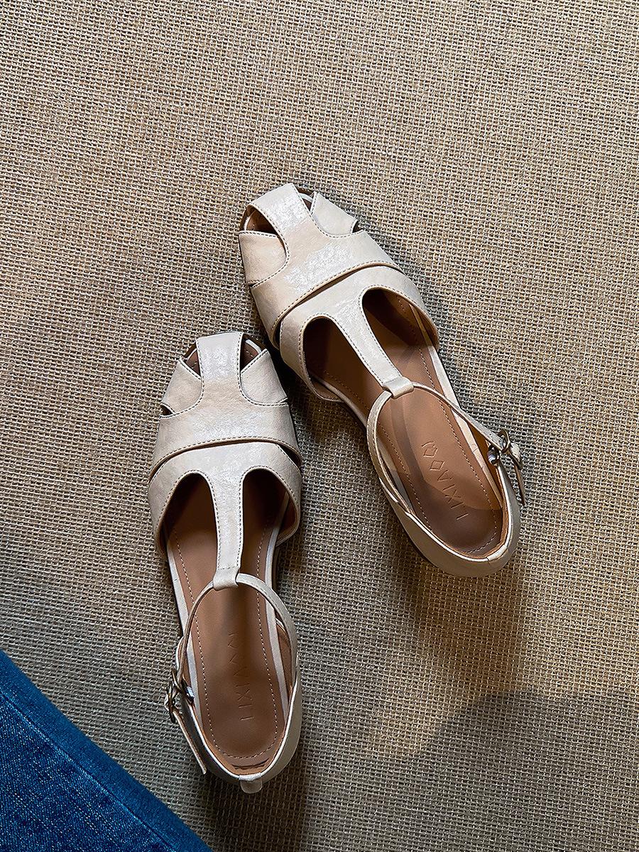 

Sheepskin version~ Baotou shoes women s summer retro woven hollowed-out one-word buckle sandals women s black gas low-heeled Roman shoes 40