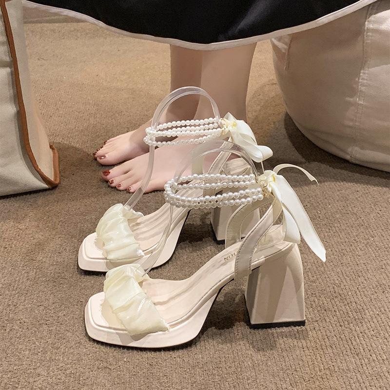 

Mesh high heels women s summer 2025 new medium thick heel crystal fairy pearl Roman sandals ins 35