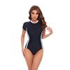 Womens Short Sleeve Colorblock Zipper Front One-Piece Swimsuit With Built-in Pad High-Waisted Athletic Swimwear Pool Beach
