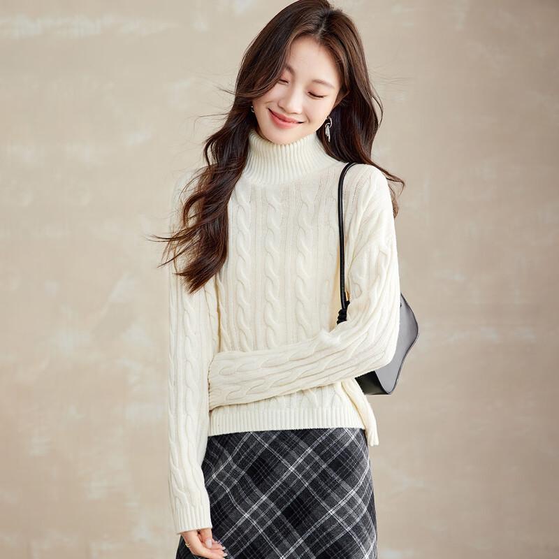 Srcr Women's 100% Wool Turtleneck Cable Knit Sweater